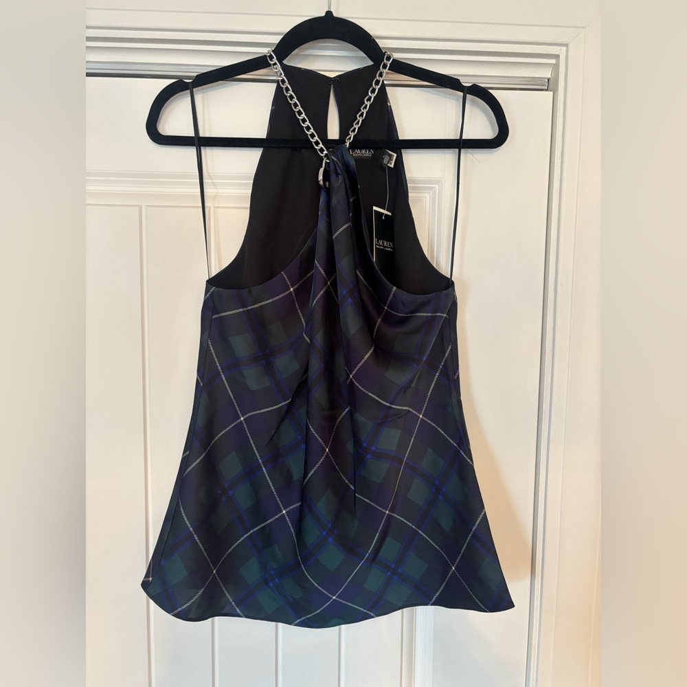 Ralph Lauren Navy and Green Plaid Halter Camisole with Chain Detail